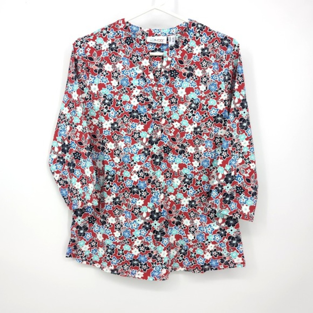 Denim & Co.‎ Henley Top Red Floral 3/4 Sleeve Knit Womens Small